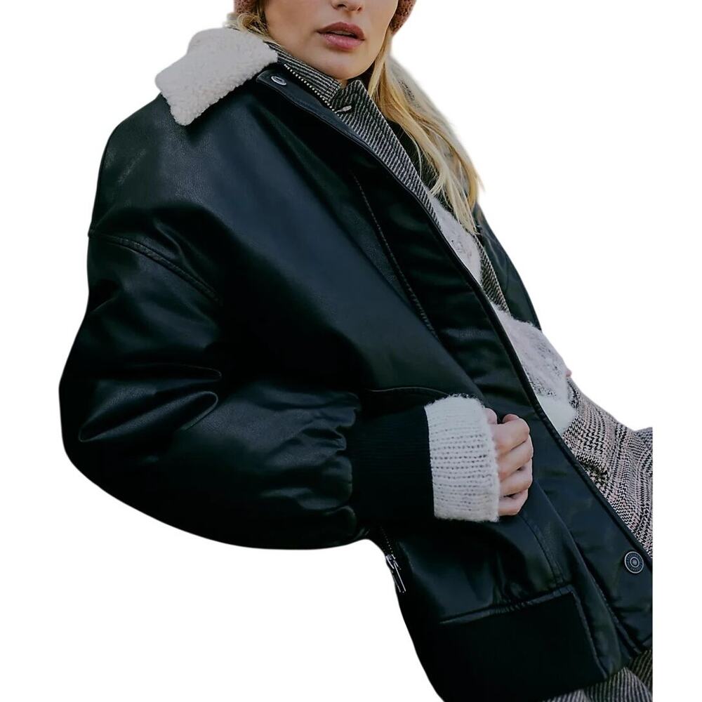 Free People Vegan Black Combo Shana Aviator Jacket Size S
